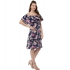 Dropship Women's Polyester Crepe Floral Half Sleeve Above Knee Dress (Navy Blue)