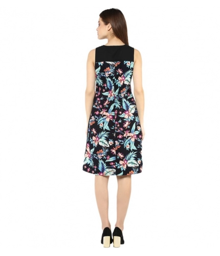 Women's Polyester Printed Sleeveless Above Knee Dress (Black - Multicolor)