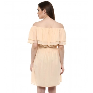 Generic Women's Polyester Solid Sleeveless Knee-Length Dress (Beige)