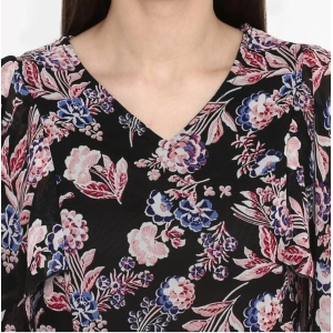 Generic Women's Polyester Floral Short Sleeve Knee-Length Dress (Black - Multicolor)