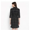 Dropship Women's Polyester Checkered Roll Up Sleeve Above Knee Dress (Black - White)