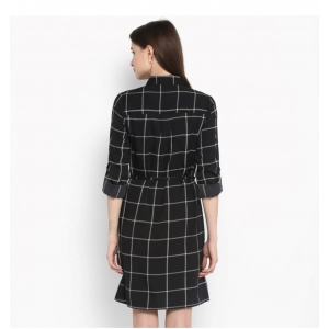 Generic Women's Polyester Checkered Roll Up Sleeve Above Knee Dress (Black - White)