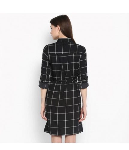 Women's Polyester Checkered Roll Up Sleeve Above Knee Dress (Black - White)