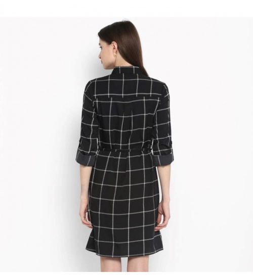 Women's Polyester Checkered Roll Up Sleeve Above Knee Dress (Black - White)