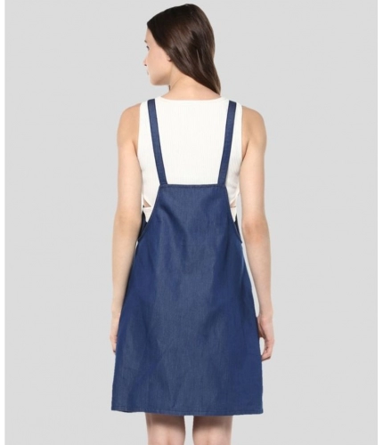 Women's Denim Solid Shoulder Straps Above Knee Dress (Blue)