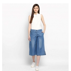 Generic Women's Denim Solid Buttoned Below Knee Culottes (Light Blue)