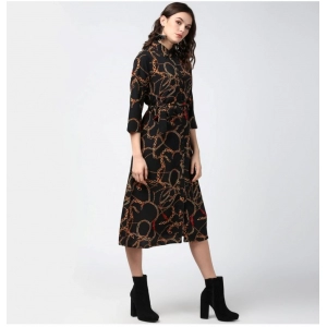 Generic Women's Polyester Chain Print Roll Up Sleeve Below Knee Dress (Black - Yellow)