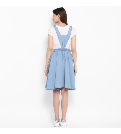 Women's Denim Solid Sleeveless Above Knee Dress (Blue)