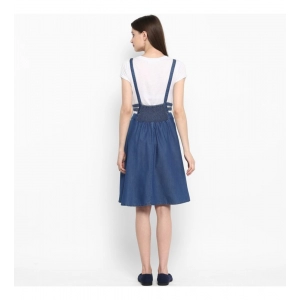 Generic Women's Denim Solid Shoulder Straps Below Knee Dress (Blue)