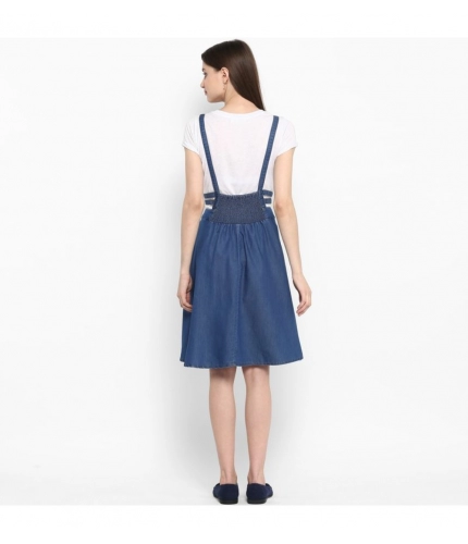 Women's Denim Solid Shoulder Straps Below Knee Dress (Blue)
