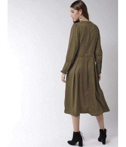 Women's Polyester Pintuck Long Sleeves Below Knee Dress (Olive)