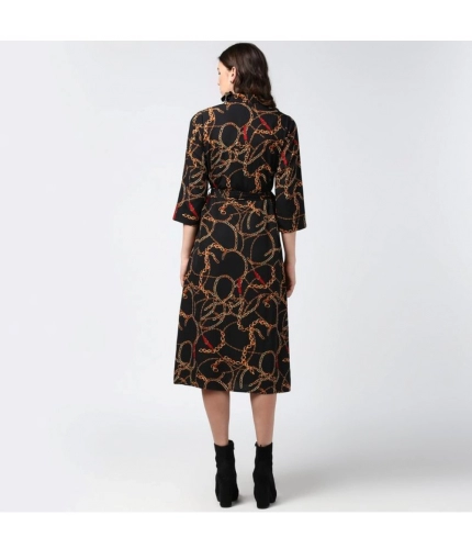 Women's Polyester Chain Print Roll Up Sleeve Below Knee Dress (Black - Yellow)