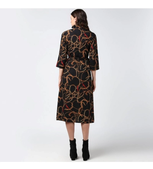Women's Polyester Chain Print Roll Up Sleeve Below Knee Dress (Black - Yellow)