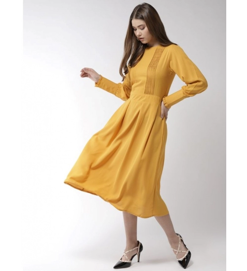 Women's Polyester Pintuck Long Sleeves Below Knee Dress (Yellow)