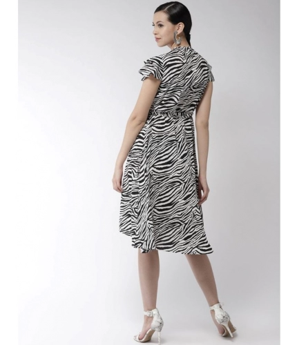 Women's Polyester Animal Print Short Sleeve Knee-Length Dress (Black - White)