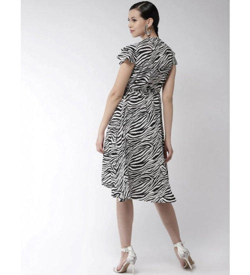 Women's Polyester Animal Print Short Sleeve Knee-Length Dress (Black - White)
