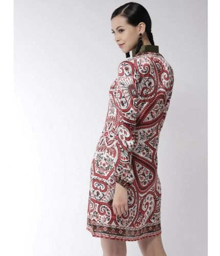 Women's Polyester Printed Long Sleeves Above Knee Dress (Red)