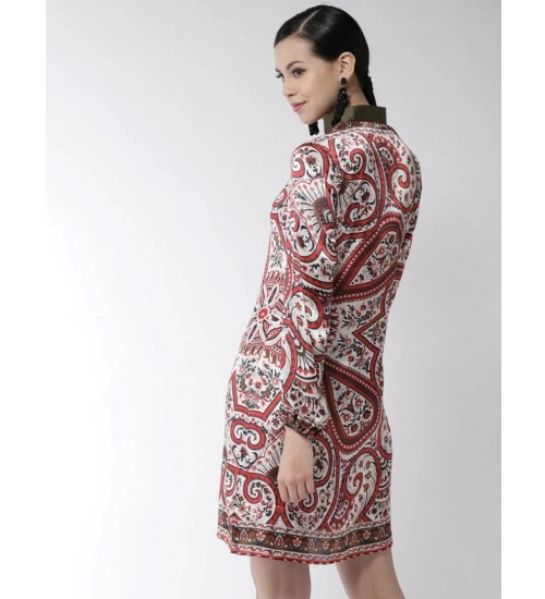 Women's Polyester Printed Long Sleeves Above Knee Dress (Red)