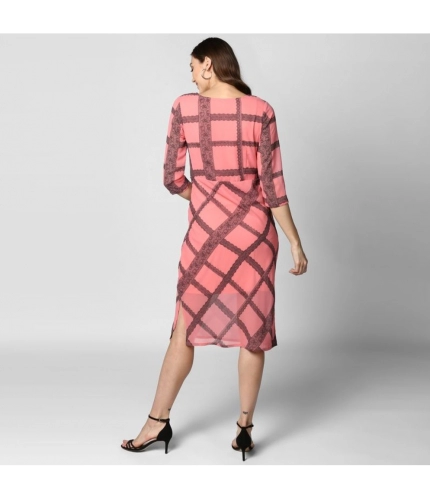 Women's Polyester Checkered 3-4th Sleeves Below Knee Dress (Pink - Black)