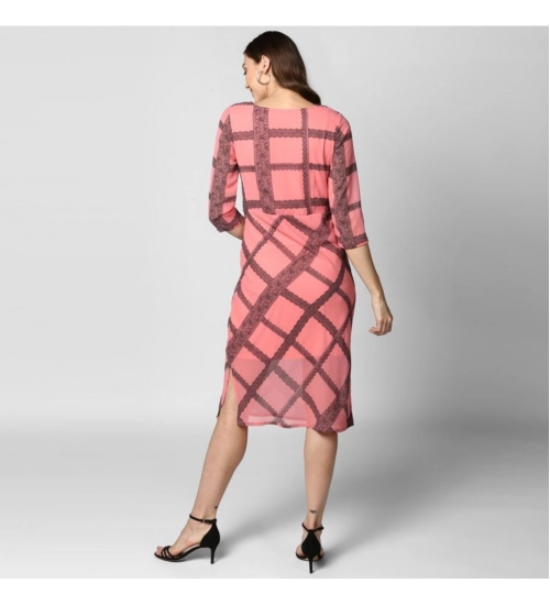 Women's Polyester Checkered 3-4th Sleeves Below Knee Dress (Pink - Black)