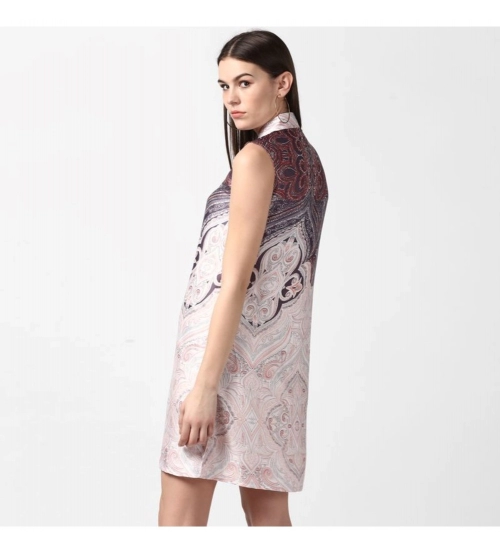 Women's Polyester Printed Sleeveless Above Knee Dress (Orange)