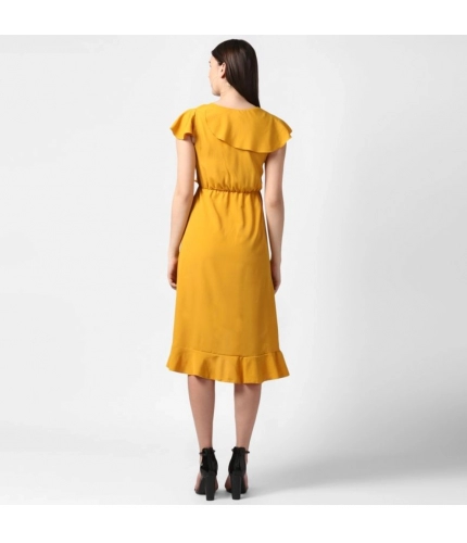 Women's Polyester Ruffled Cap Sleeve Knee-Length Dress (Yellow)