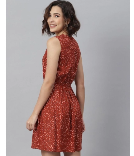 Women's Rayon Polka Sleeveless Above Knee Dress (Rust)