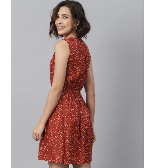 Women's Rayon Polka Sleeveless Above Knee Dress (Rust)