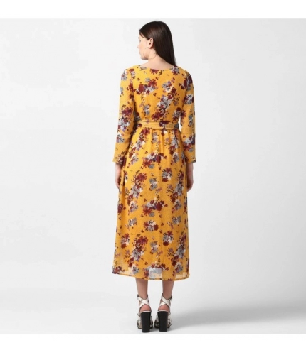 Women's Polyester Floral Long Sleeves Calf-length Dress (Yellow)