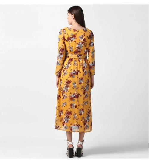 Women's Polyester Floral Long Sleeves Calf-length Dress (Yellow)