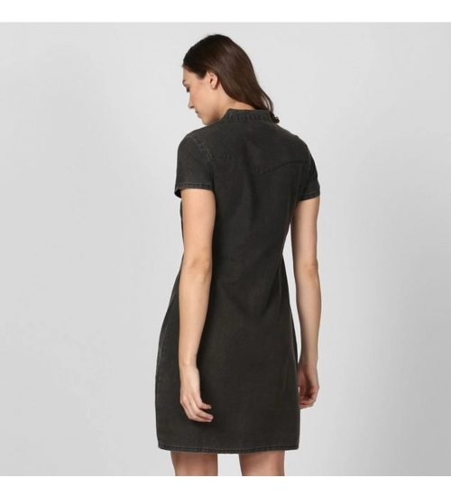 Women's Denim Solid Short Sleeve Above Knee Dress (Black)