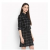 Dropship Women's Polyester Checkered Roll Up Sleeve Above Knee Dress (Black - White)