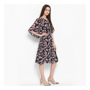 Generic Women's Polyester Floral Short Sleeve Knee-Length Dress (Black - Multicolor)