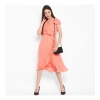 Dropship Women's Polyester Ruffled Cap Sleeve Below Knee Dress (Neon Pink)