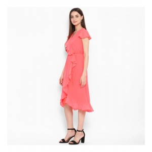 Generic Women's Polyester Ruffled Cap Sleeve Below Knee Dress (Coral Pink)