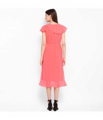 Women's Polyester Ruffled Cap Sleeve Below Knee Dress (Coral Pink)