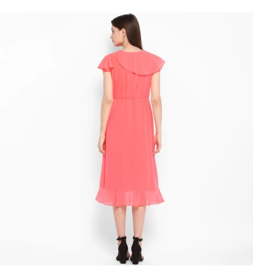Women's Polyester Ruffled Cap Sleeve Below Knee Dress (Coral Pink)