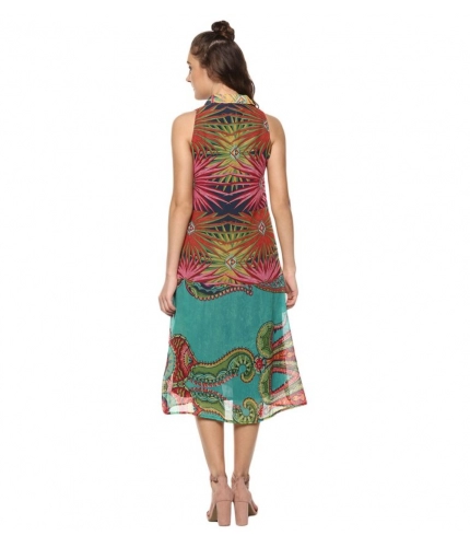 Women's Polyester Floral Sleeveless Below Knee Dress (Multicolor)