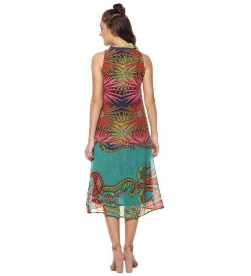 Women's Polyester Floral Sleeveless Below Knee Dress (Multicolor)