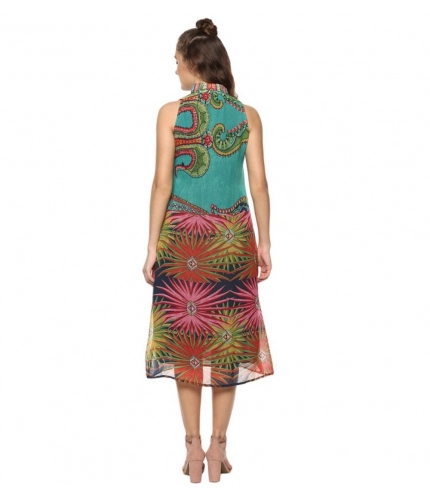 Women's Polyester Floral Sleeveless Below Knee Dress (Multicolor)