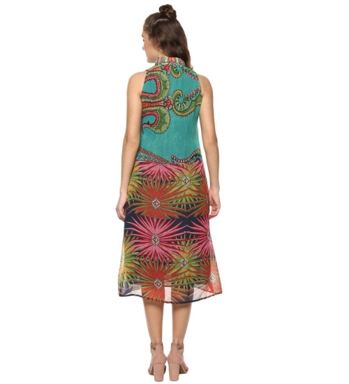 Women's Polyester Floral Sleeveless Below Knee Dress (Multicolor)