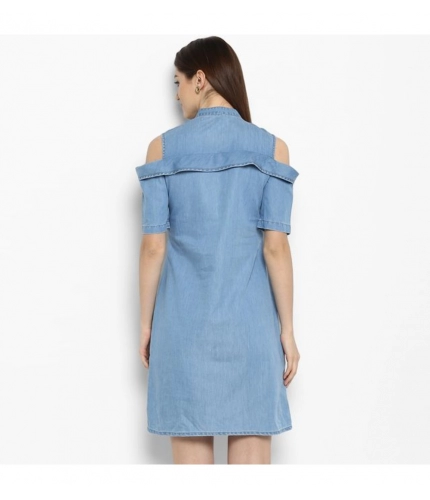 Women's Denim Solid Cold Shoulder Above Knee Dress (Blue)