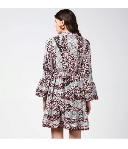 Women's Polyester Animal Print Bell Sleeve Above Knee Dress (Pink - Black)
