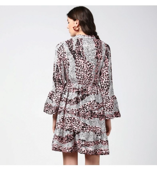 Women's Polyester Animal Print Bell Sleeve Above Knee Dress (Pink - Black)