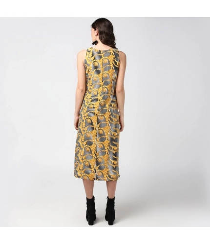 Women's Polyester Chain Print Sleeveless Below Knee Dress (Yellow - Black)