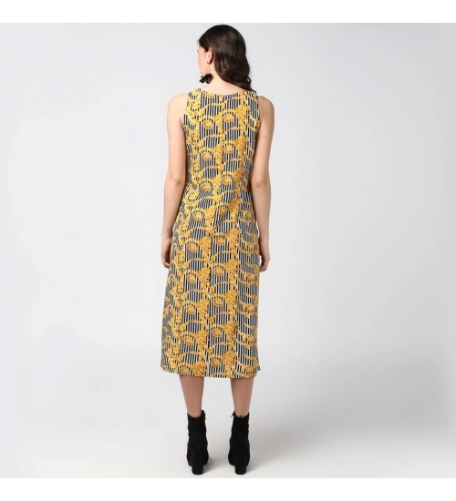 Women's Polyester Chain Print Sleeveless Below Knee Dress (Yellow - Black)