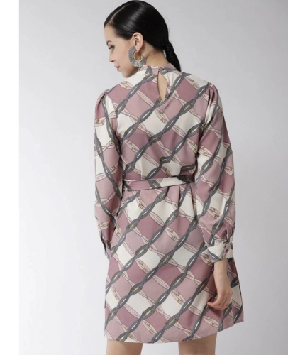 Women's Polyester Checkered Long Sleeves Above Knee Dress (Off White - Lavender)