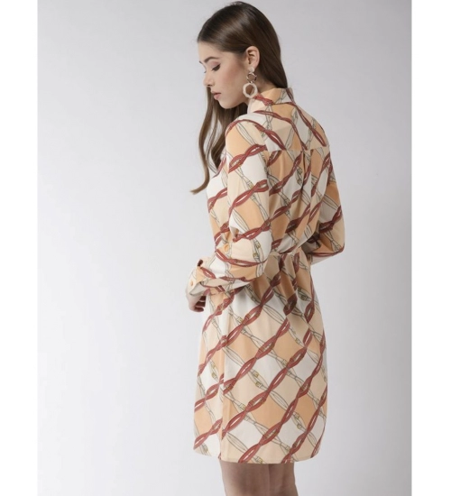 Women's Polyester Printed Roll Up Sleeve Above Knee Dress (Off White - Brown)