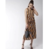 Dropship Women's Polyester Striped Sleeveless Below Knee Dress (Mustard)