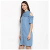 Dropship Women's Denim Solid Cold Shoulder Above Knee Dress (Blue)